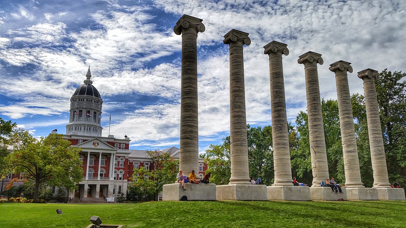 The Columns at the University of Missouri: Row of six Ionic columns from the portico of Academic Hall; the remainder of the building was destroyed by fire in 1892. (Image via Wikimedia Commons)