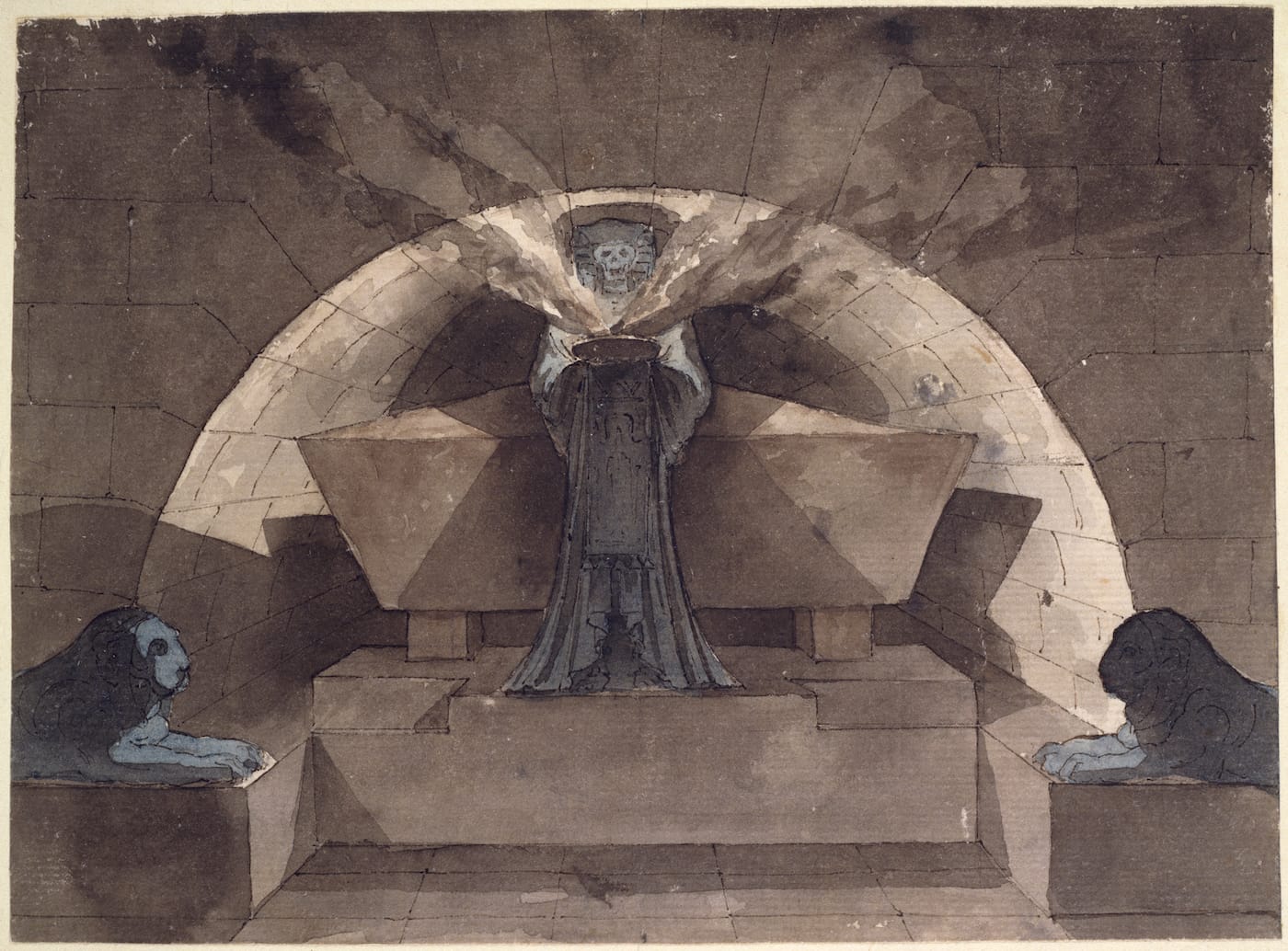Louis-Jean Desprez, "Sepulcher in Egyptian Style with Death Carrying a Lamp" (1779–84)