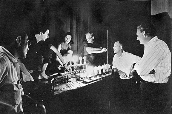 Test of the TEEM system. From left: Herb Scheinder, Robert Rauschenberg, Lucinda Childs, Robby Robinson, Per Biorn, Billy Klüver. Photo Franny Breer.
