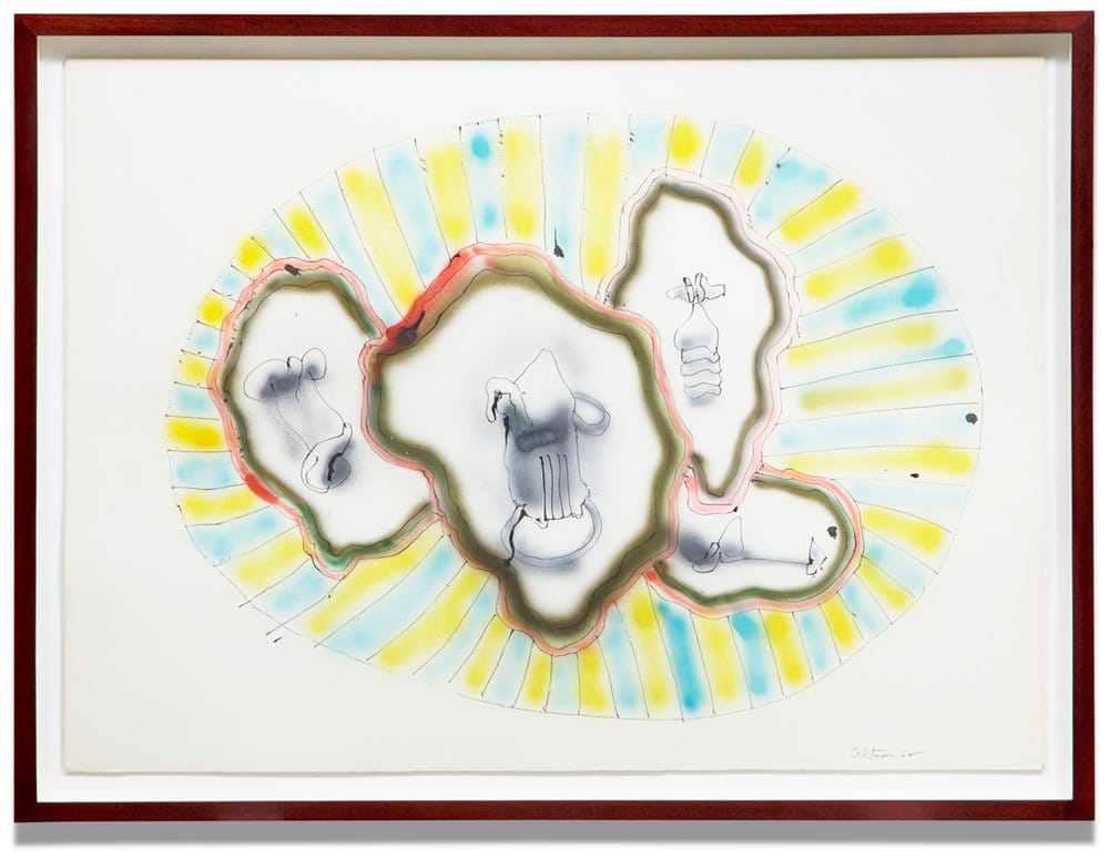 John Altoon, "Untitled (ABS-52)" (1965), airbrush, pastel and ink on board, 30 x 40 inches (via kohngallery.com)