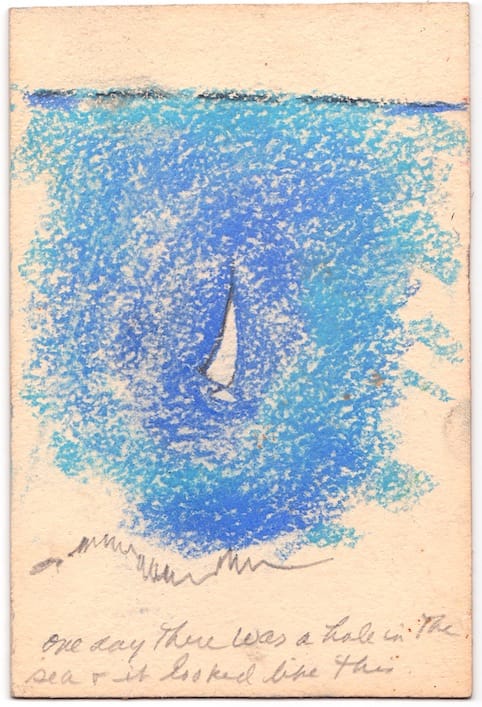 Barbara T. Smith, "Hole in the Sea" (1965), craypas and pencil on chipboard, 6 x 4 inches (via theboxla.com