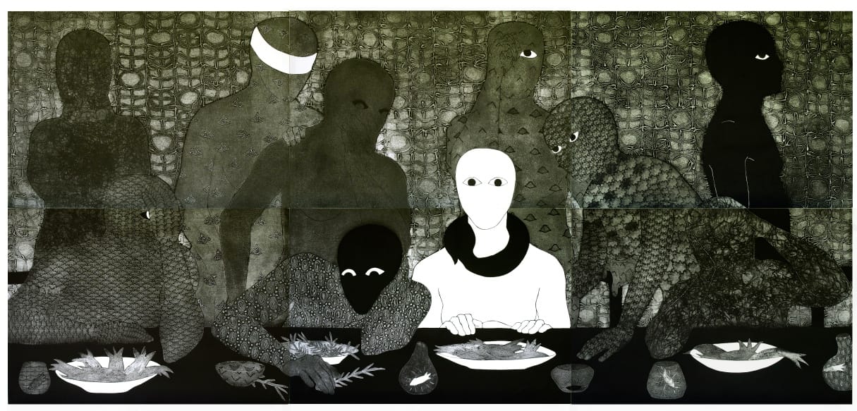 Belkis Ayón, "La cena (The Supper)" (1991), Collograph (Collection of the Belkis Ayón Estate, via fowler.ucla.edu)