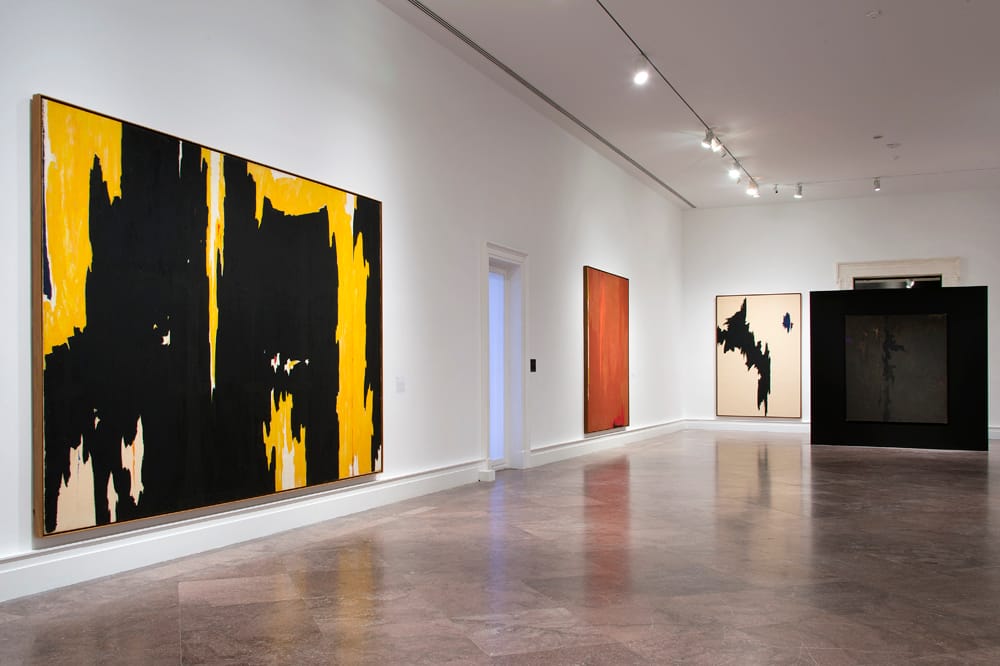Installation view of 'Shade: Clyfford Still / Mark Bradford' at the Albright-Knox Art Gallery (courtesy the Albright-Knox Art Gallery, photo by Tom Loonan)