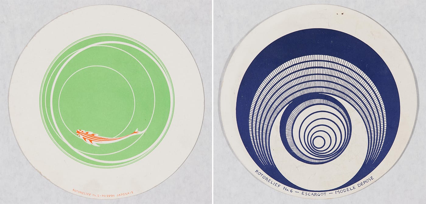 Marcel Duchamp, "Rotorelief No. 5 – Poisson Japonais" (recto) and "Rotorelief No. 6 – Escargot – Modèle Déposé" (verso) (1935) (click to enlarge)
