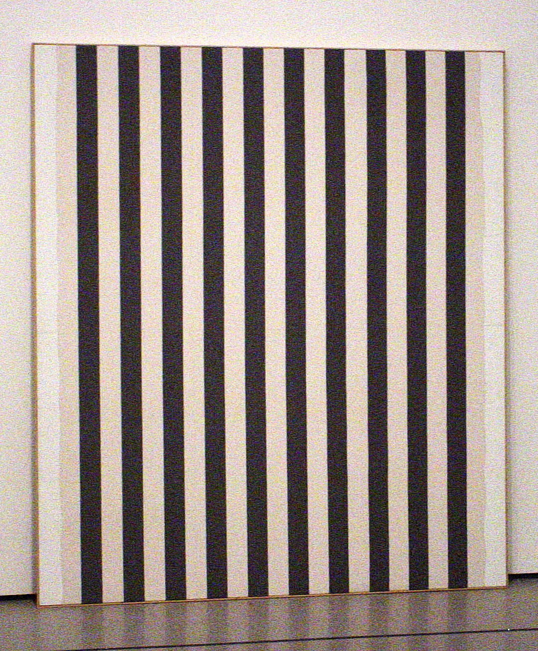 Daniel Buren, “White Acrylic Painting on White and Anthracite Gray Striped Cloth” (1966) at the Museum of Modern Art, New York (photo by the author for Hyperallergic)