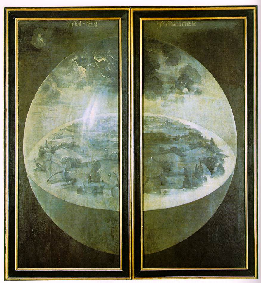 Creation Description Exterior (shutters) of The Garden of Earthly Delights. Date between 1480 and 1490 Medium oil on panel Dimensions Height: 220 cm (86.6 in). Width: 195 cm (76.8 in).