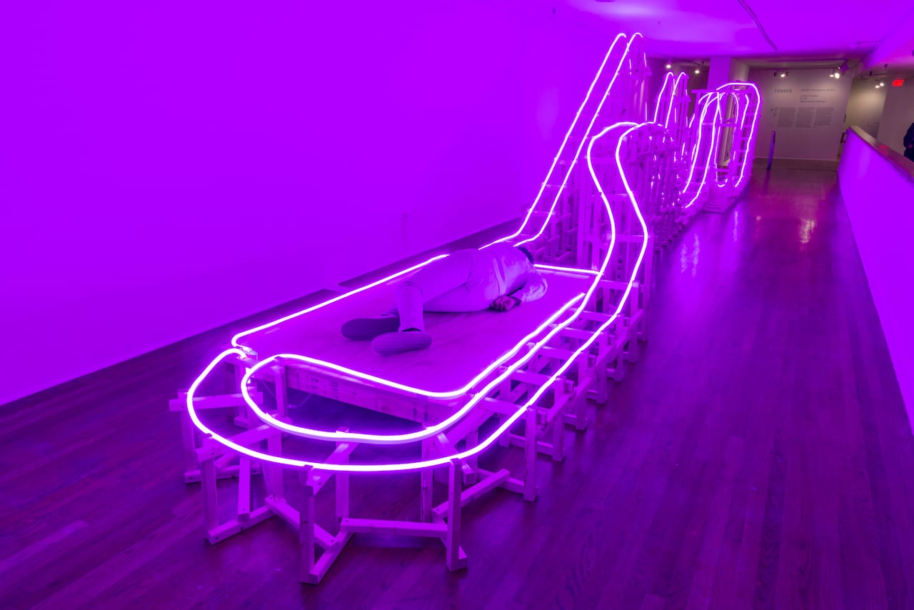 Installation view. EJ Hill A Monumental Offering of Potential Energy, 2016 Installation and durational performance, 492 × 108 × 85 in. Courtesy the artist.