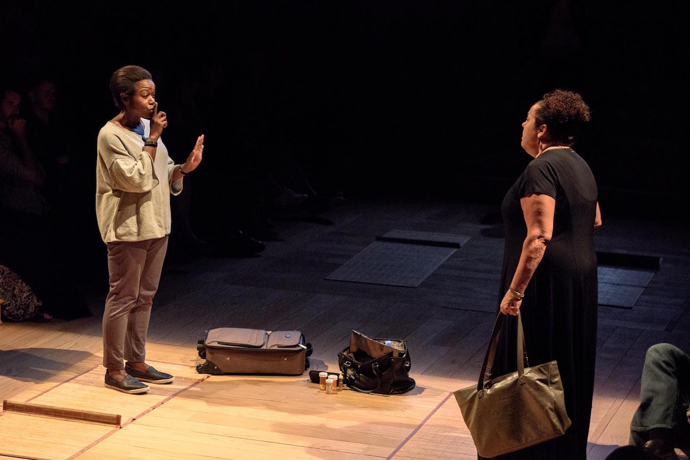 Marcia DeBonis and Quincy Tyler Bernstine in a scene from Bess Wohl's Small Mouth Sounds, directed by Rachel Chavkin at the Pershing Square Signature Center (photo by Ben Arons).