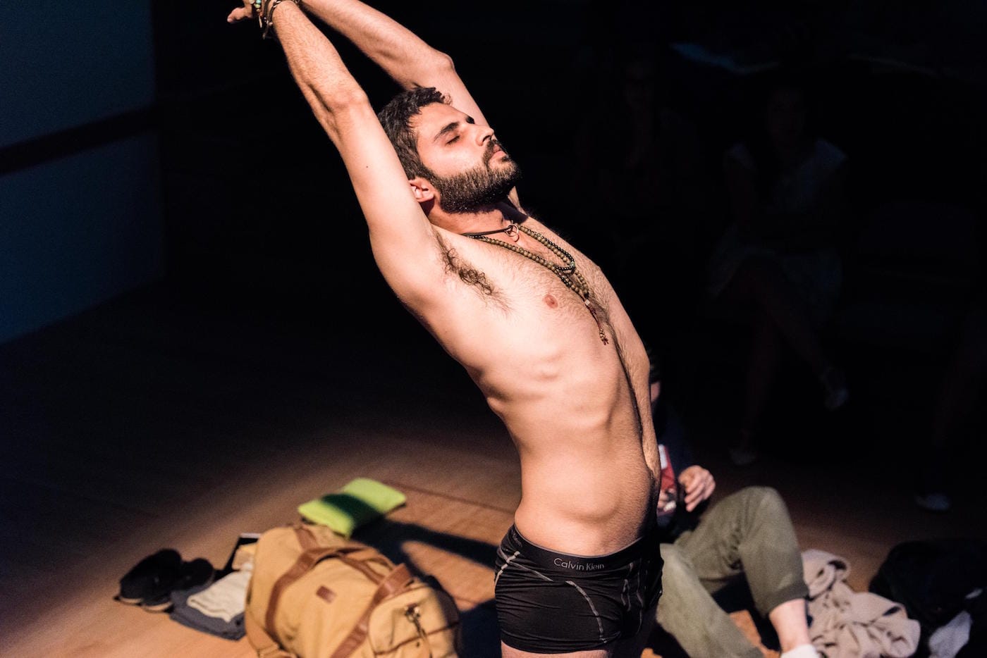 Babak Tafti in a scene from Bess Wohl's Small Mouth Sounds, directed by Rachel Chavkin at the Pershing Square Signature Center (photo by Ben Arons).