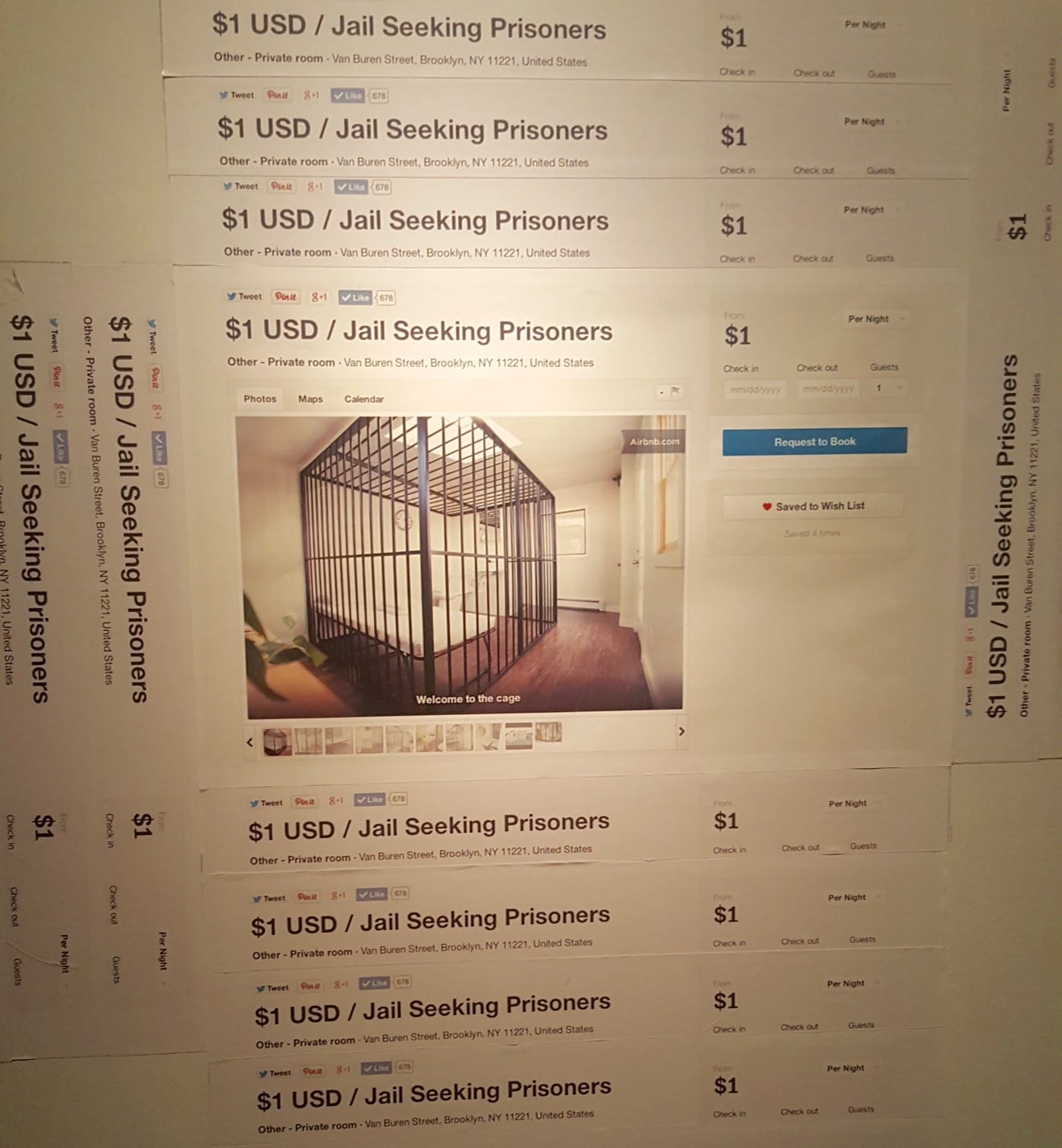 Advertisements for Miao Jiaxin's "Jail's Seeking Prisoners" (2014) (photo by the author for Hyperallergic)