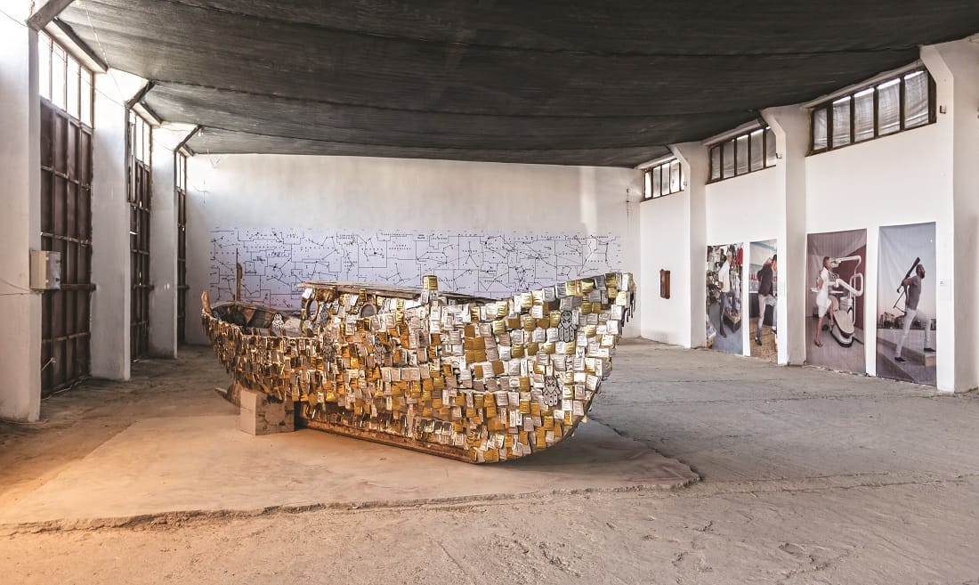 Installation view of the 2012 Çanakkale Biennial with, at center, Kalliopi Lemos, "Pledges for a Safe Passage" (2012) (courtesy the Çanakkale Biennial, © CABININ)