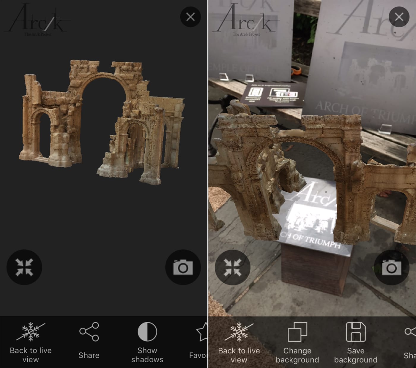 Screenshots of the augmented reality app