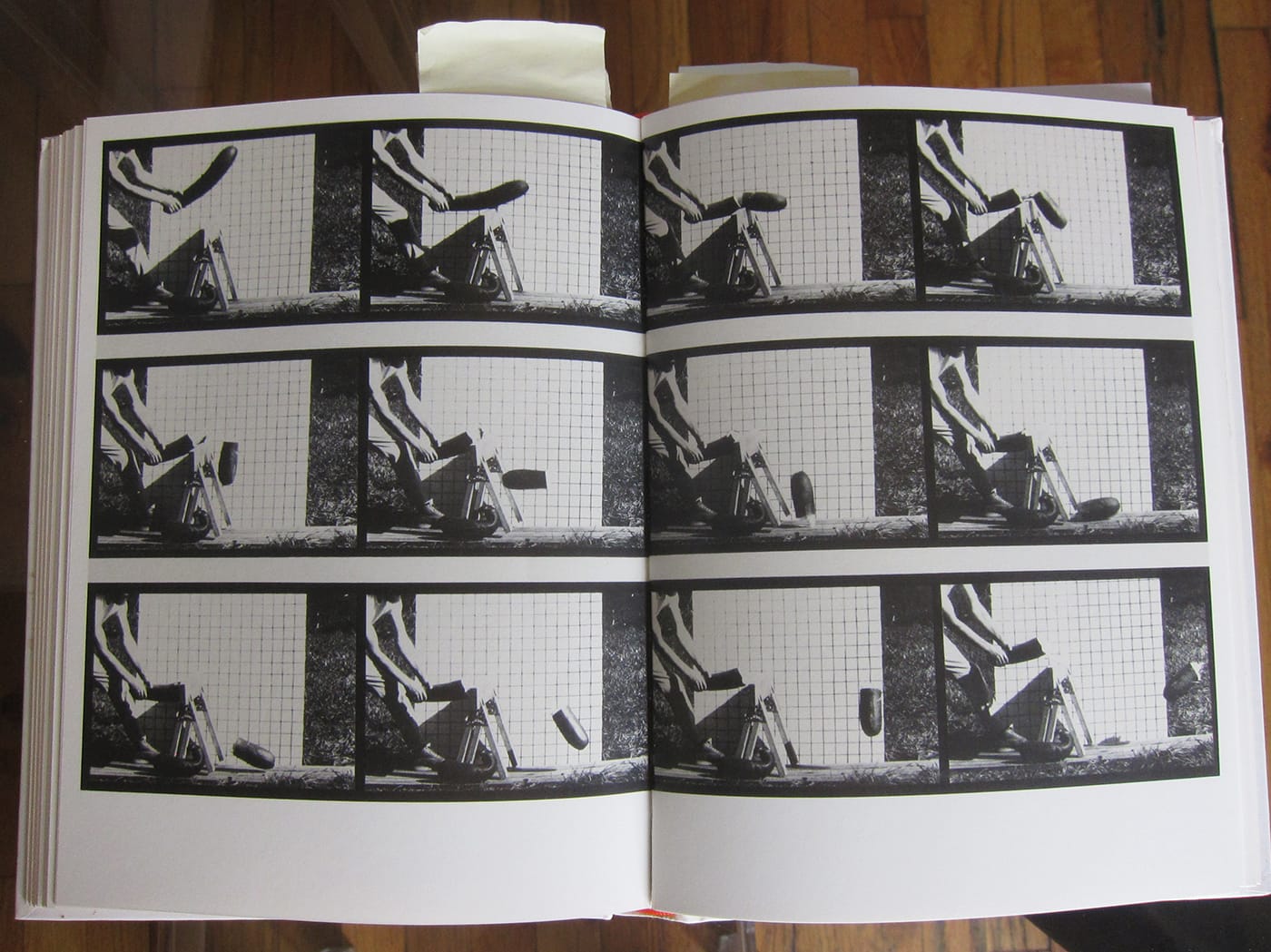 Pages showing Marion Faller and Hollis Frampton's "33. Zucchini Squash Encountering Sawhorse" (1975), from the series 'Sixteen Studies from Vegetable Locomotion' (photo of the book by the author)