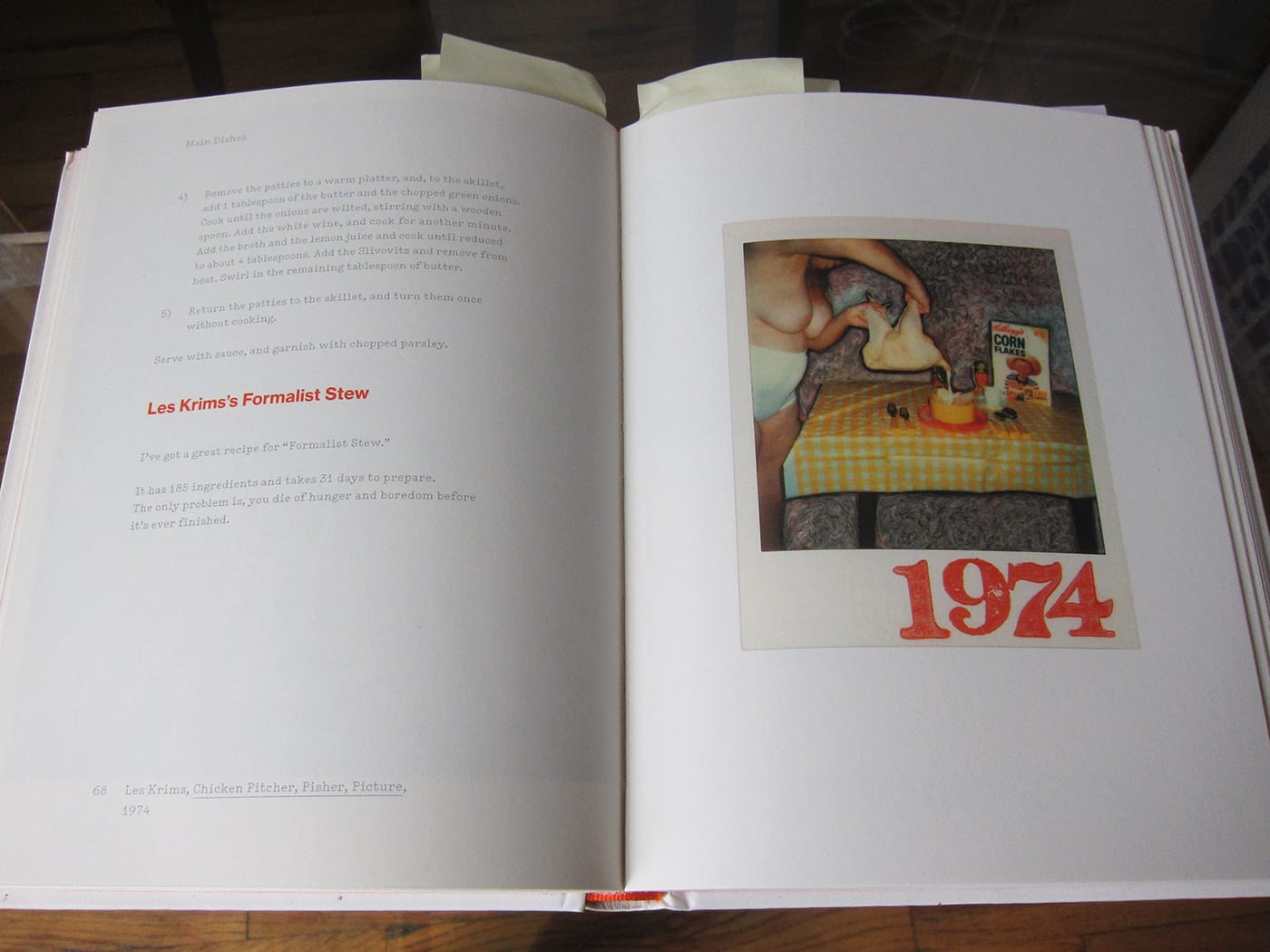 Recipe for Les Krims's "Formalist Stew," with Krims's photo, "Chicken Pitcher, Pisher, Picture" (1974) (photo of the book by the author)