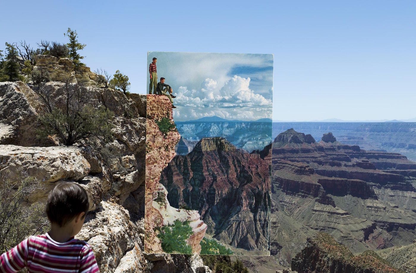 Mark Klett and Byron Wolfe, "Two Boys with Striped Shirts, Bright Angel Point, Grand Canyon" (2010) (courtesy the artists)