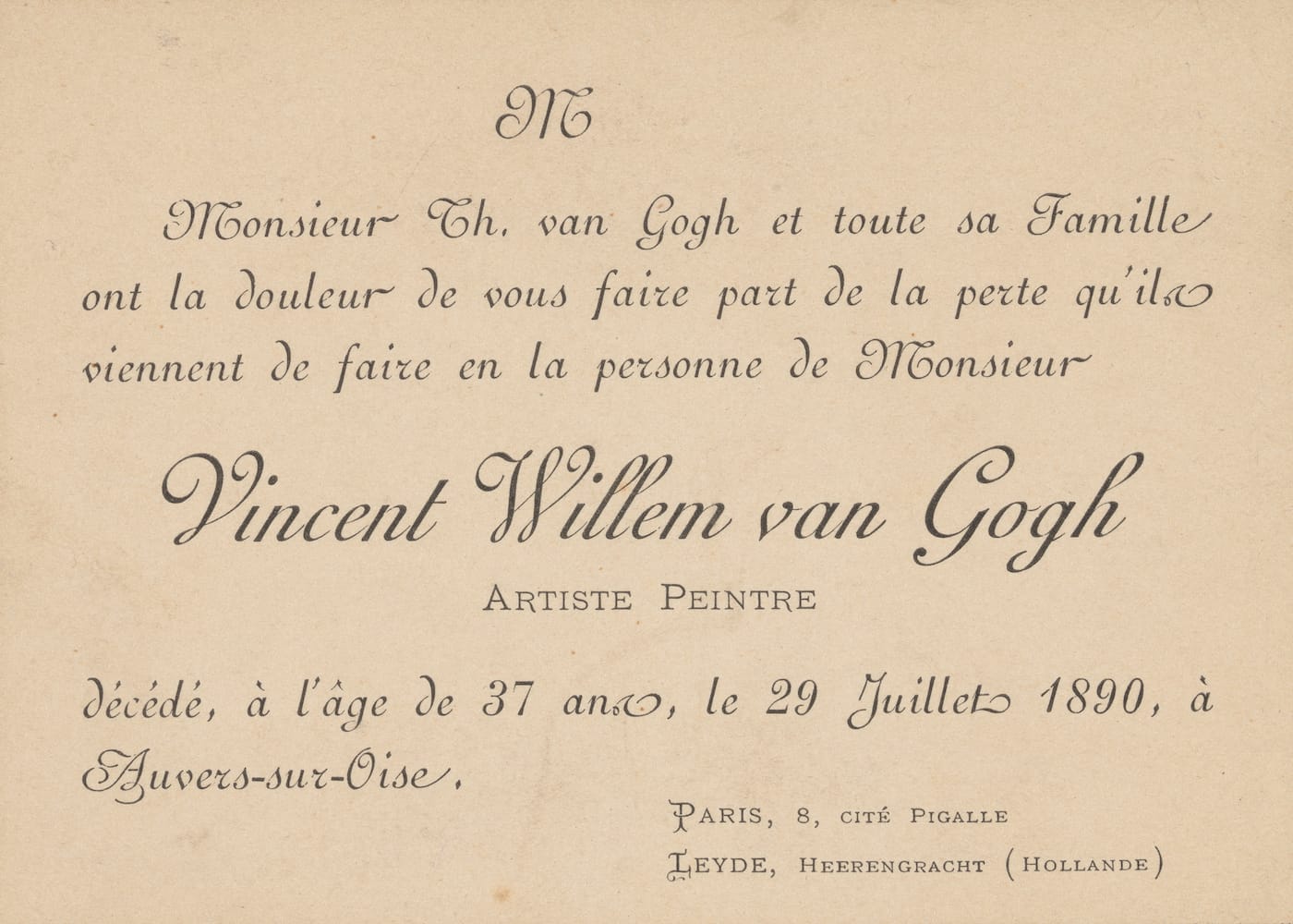Funeral card for the death of Vincent van Gogh, July 1890, (image courtesy Van Gogh Museum, Amsterdam)