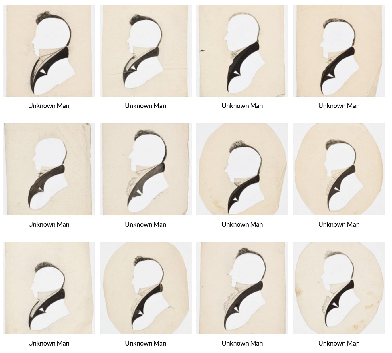 Silhouettes of unknown men by William Chamberlain (screenshot by the author for Hyperallergic, via American Antiquarian Society)