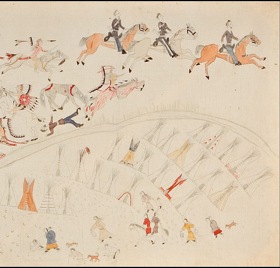 Stephen Standing Bear, "Battle of the Little Bighorn" (detail) (1920s), pencil and ink on muslin (courtesy Philbrook Museum of Art)