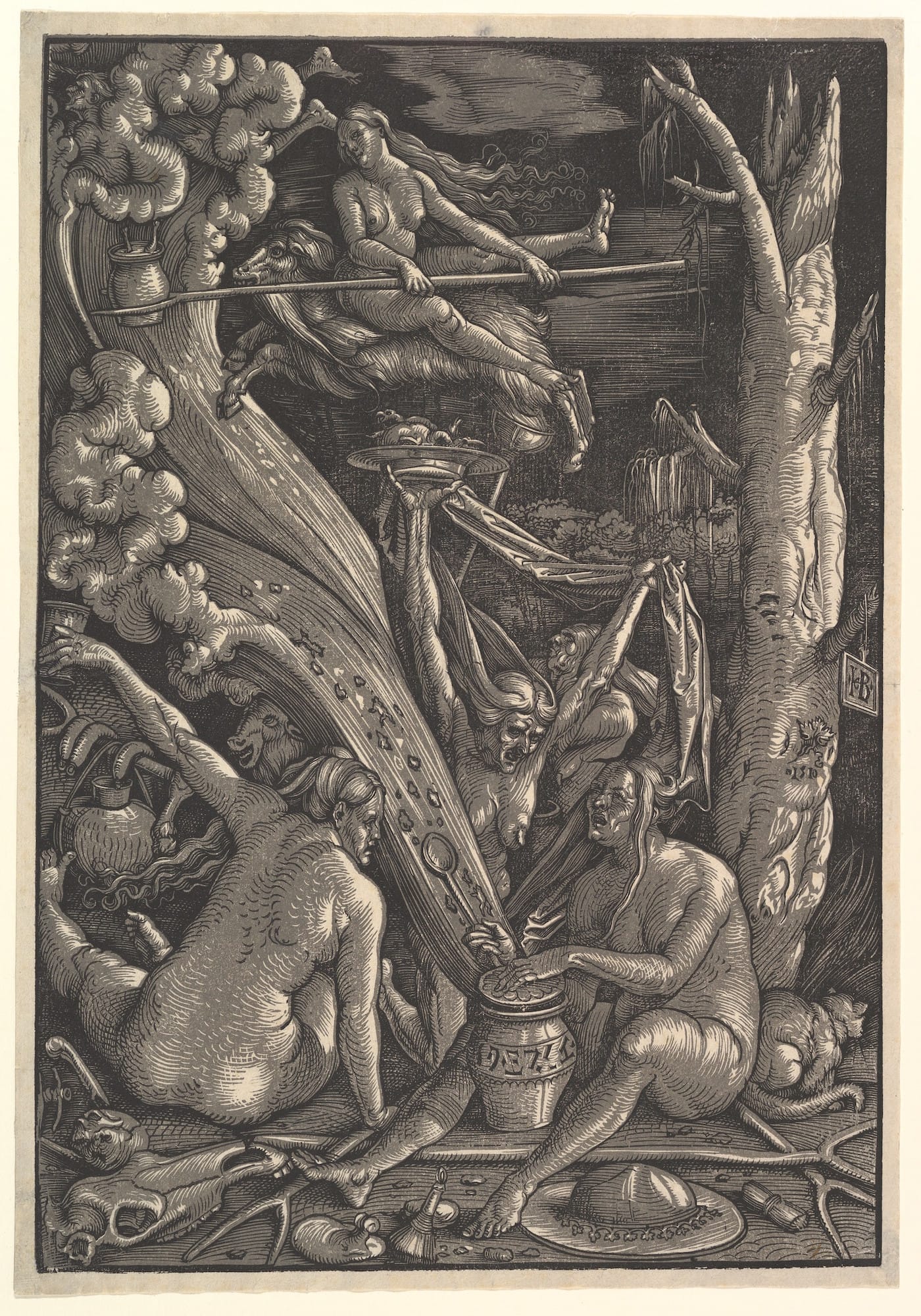 Hans Baldung, "The Witches' Sabbath" (Germany, 1510), chiaroscuro woodcut in two blocks, printed in gray and black; sheet: 15 5/6 x 10 5/8 inches (courtesy the Metropolitan Museum of Art, New York, Gift of Felix M. Warburg and his family, 1941)