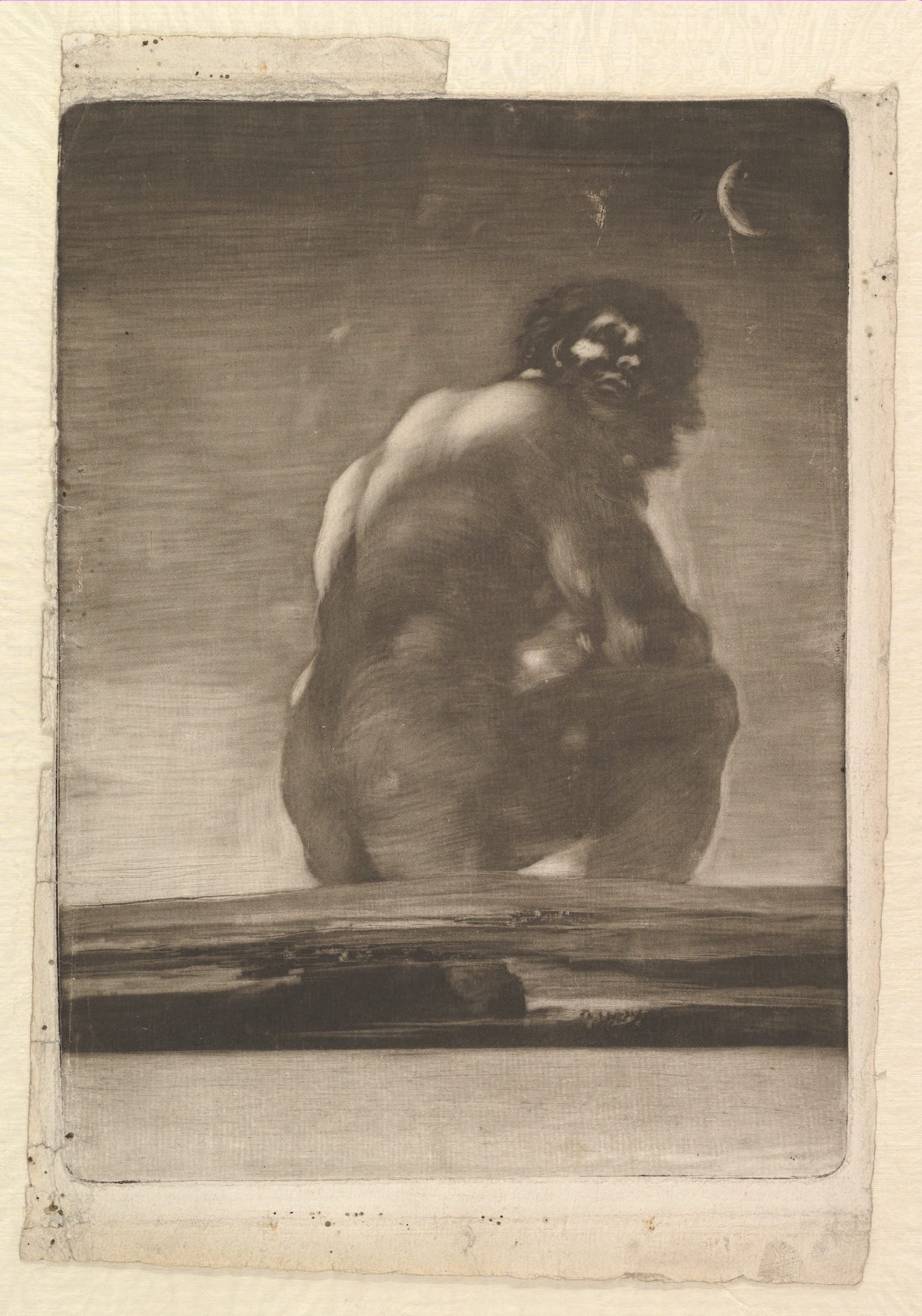 Goya (Francisco de Goya y Lucientes), "A Giant Seated in a Landscape," sometimes called "The Colossus" (Spain, 1818), burnished aquatint with scraping and strokes of "lavis" added along the top of the landscape and within the landscape; plate: 11 3/16 x 8 3/16 inches (courtesy the Metropolitan Museum of Art, New York, Harris Brisbane Dick Fund, 1935)