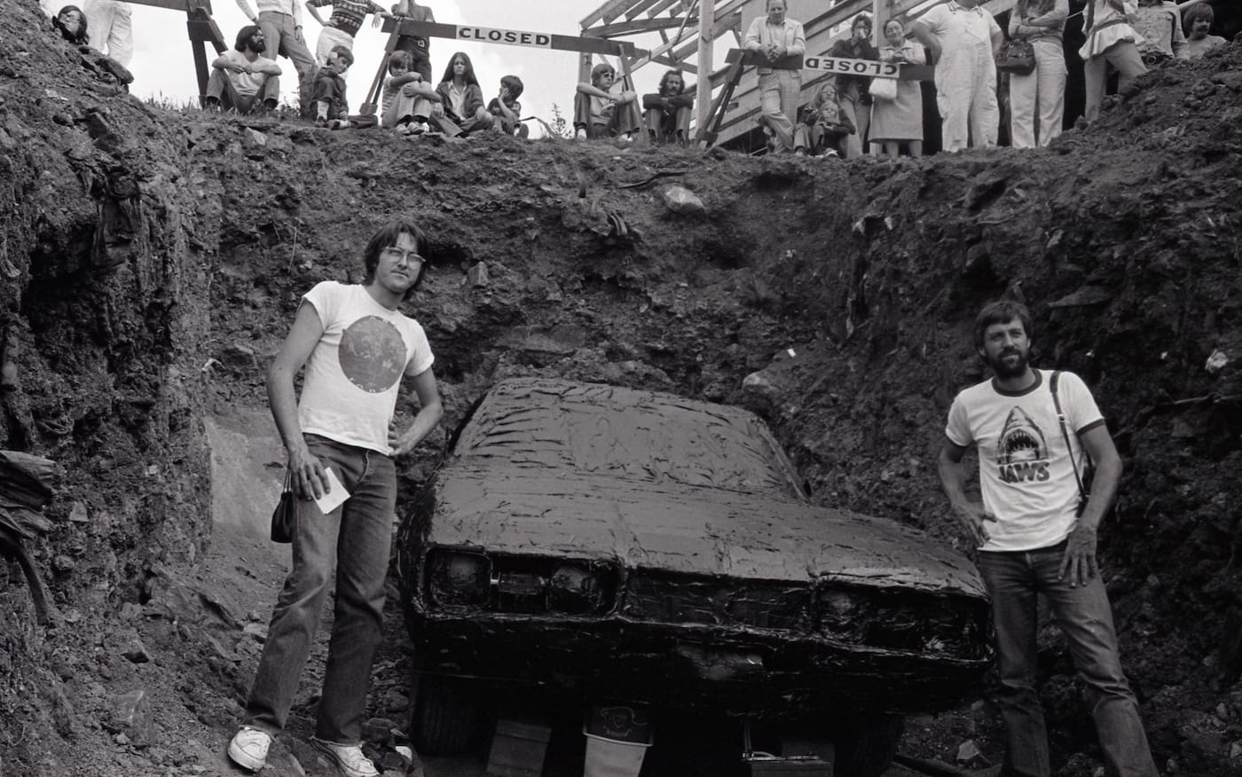 Chip Lord (left) and Doug Michels (right) posing with "Citizens Time Capsule" (1975) at Lewiston, New York (photo courtesy the Artpark Archival Collection at the Burchfield Penney Art Center Archives) (click to enlarge) 