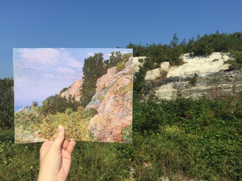 Comparison of Childe Hassam’s “The Laurel in the Ledges, Appledore” (1905) with the view of Appledore Island today (photo courtesy the North Carolina Museum of Art)