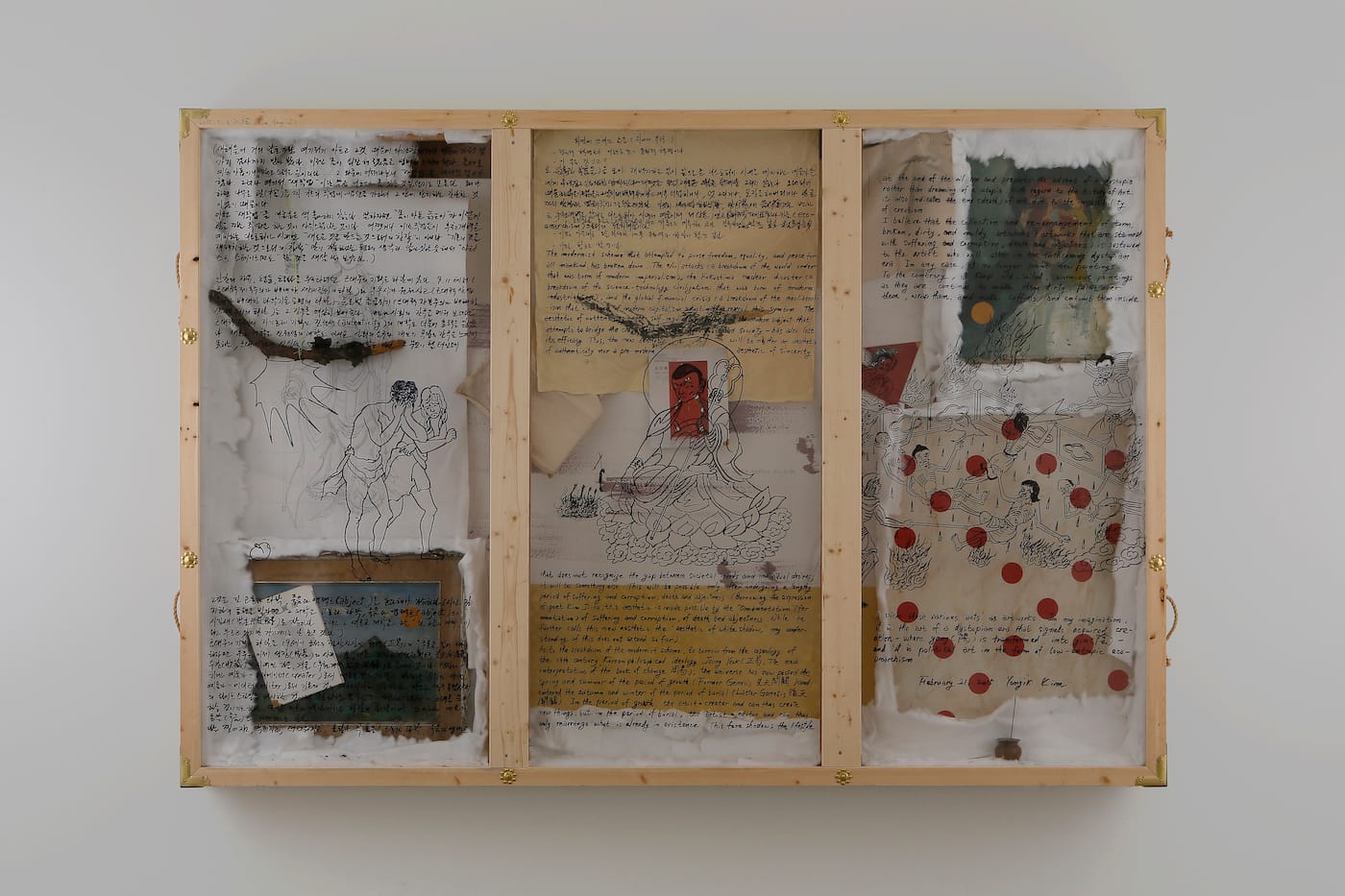 Kim Yong-Ik, "Triptych" (2015), acrylic on canvas, oil on canvas, cloth, cotton, wood, ink on paper, coin, incense, burner, oil-based ink on acetate film (photo by Nathing Studio, courtesy of the artist and Ilmin Museum of Art)