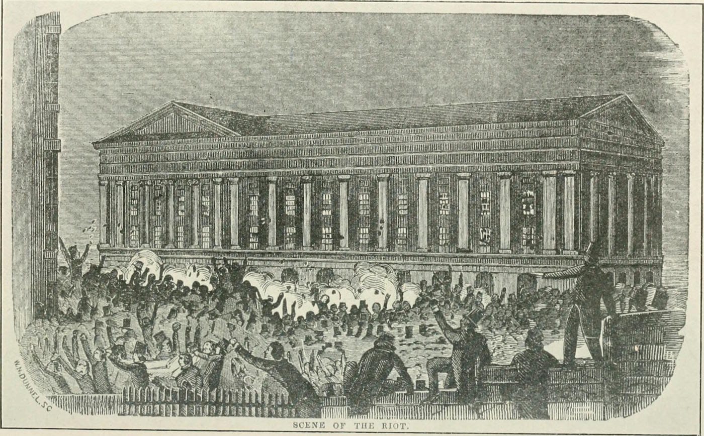 Illustration of the Astor Place Riot in 'Our Theatres To-Day and Yesterday' (1910) (via Internet Archive/Wikimedia)