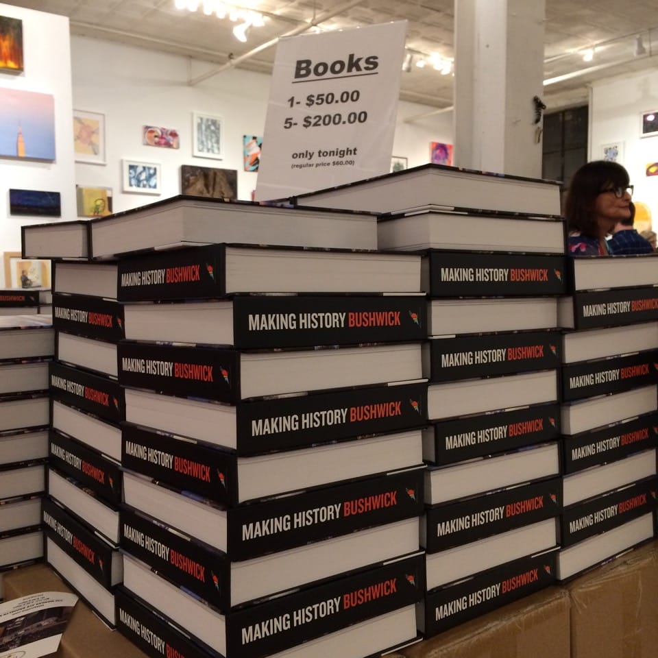 A stack of 'Making History Bushwick' books on sale at David & Schweitzer Contemporary