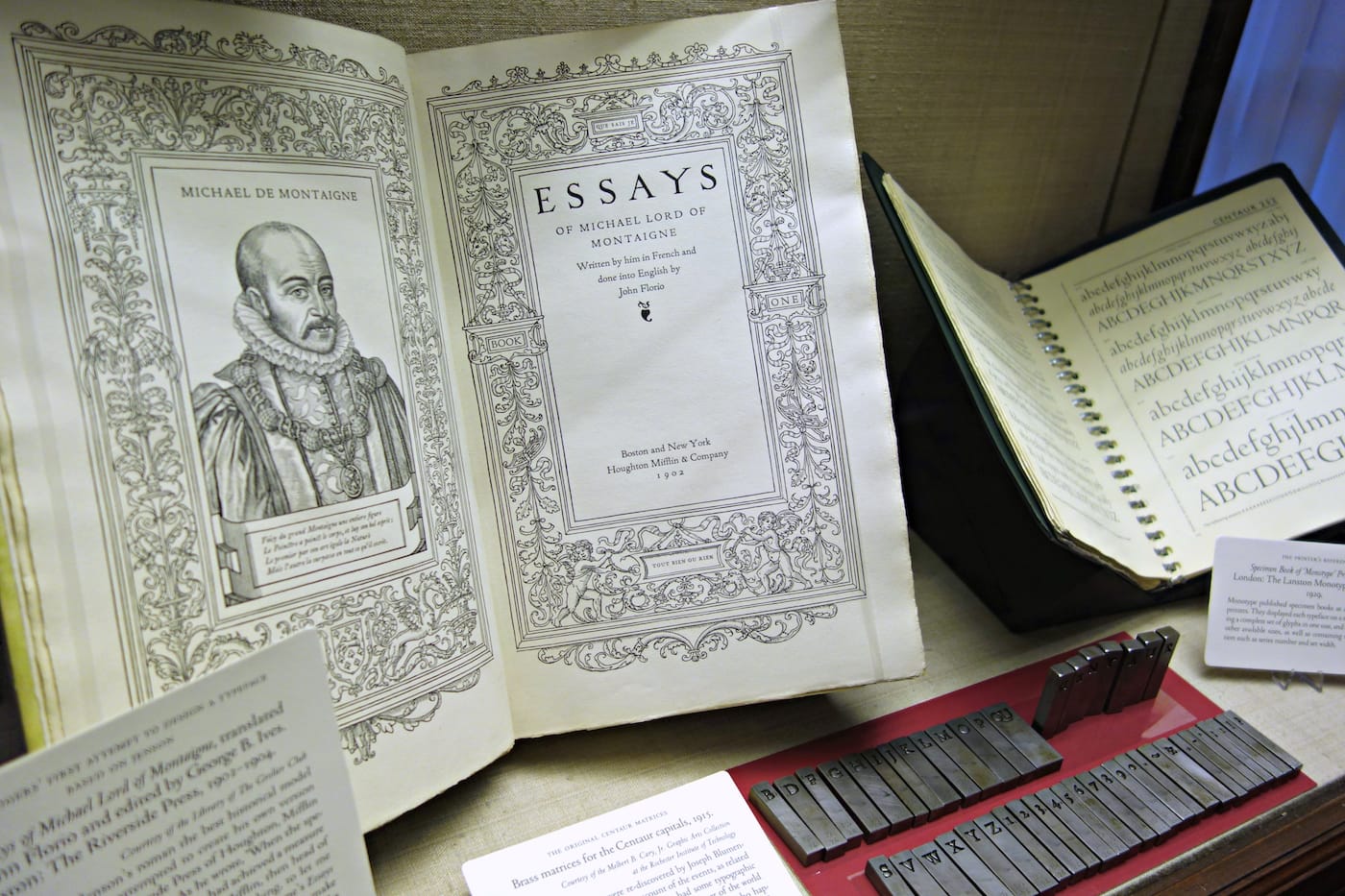 Installation view of 'The Centaur Turns One Hundred: A Century of Bruce Rogers' Centaur Type, From the Collection of Jerry Kelly' at the Grolier Club (photo by the author for Hyperallergic)