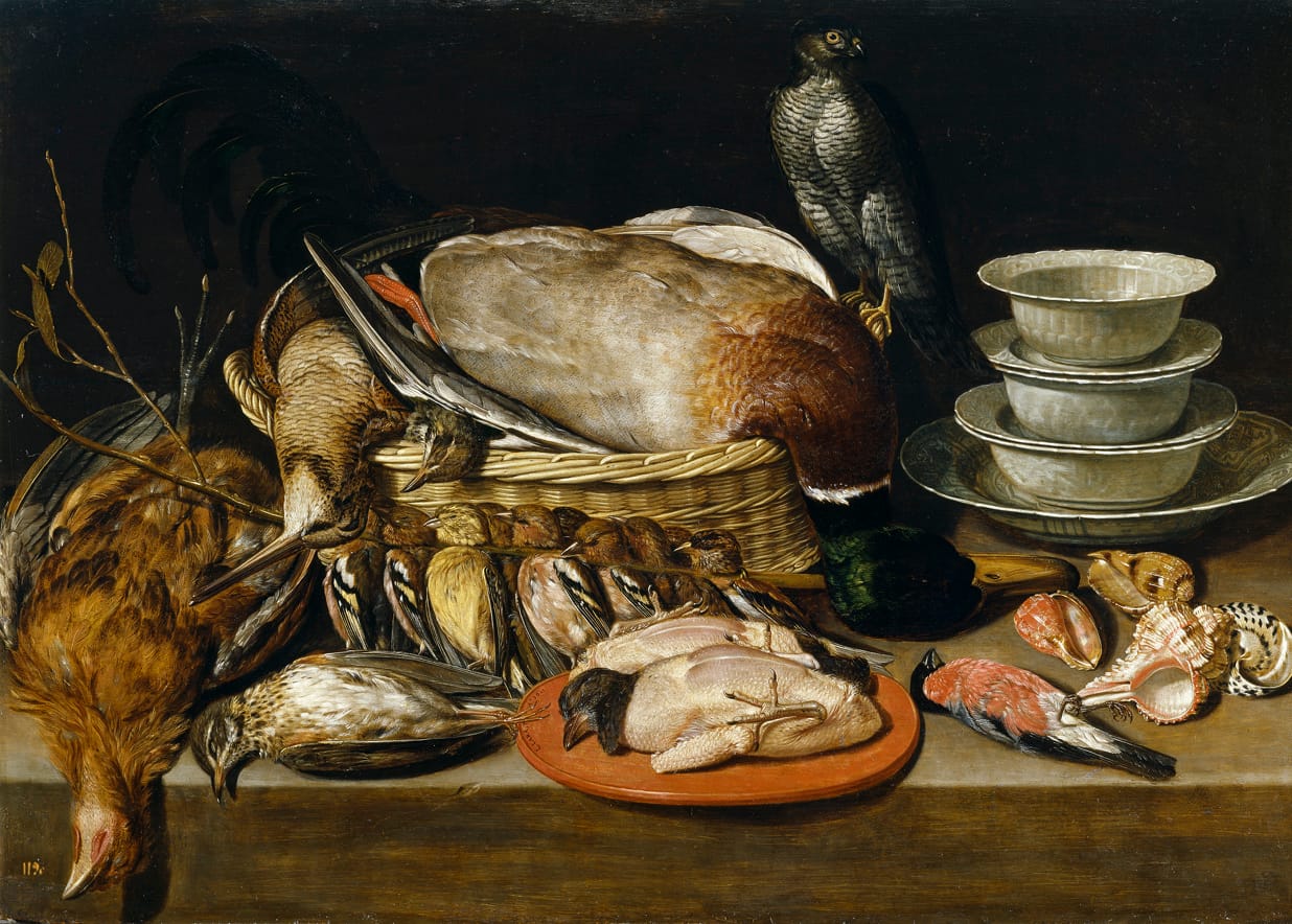 Clara Peeters, "Still Life with Sparrow Hawk, Fowl, Porcelain, and Shells" (1611), oil on panel (Museo del Prado, via Wikimedia Commons)