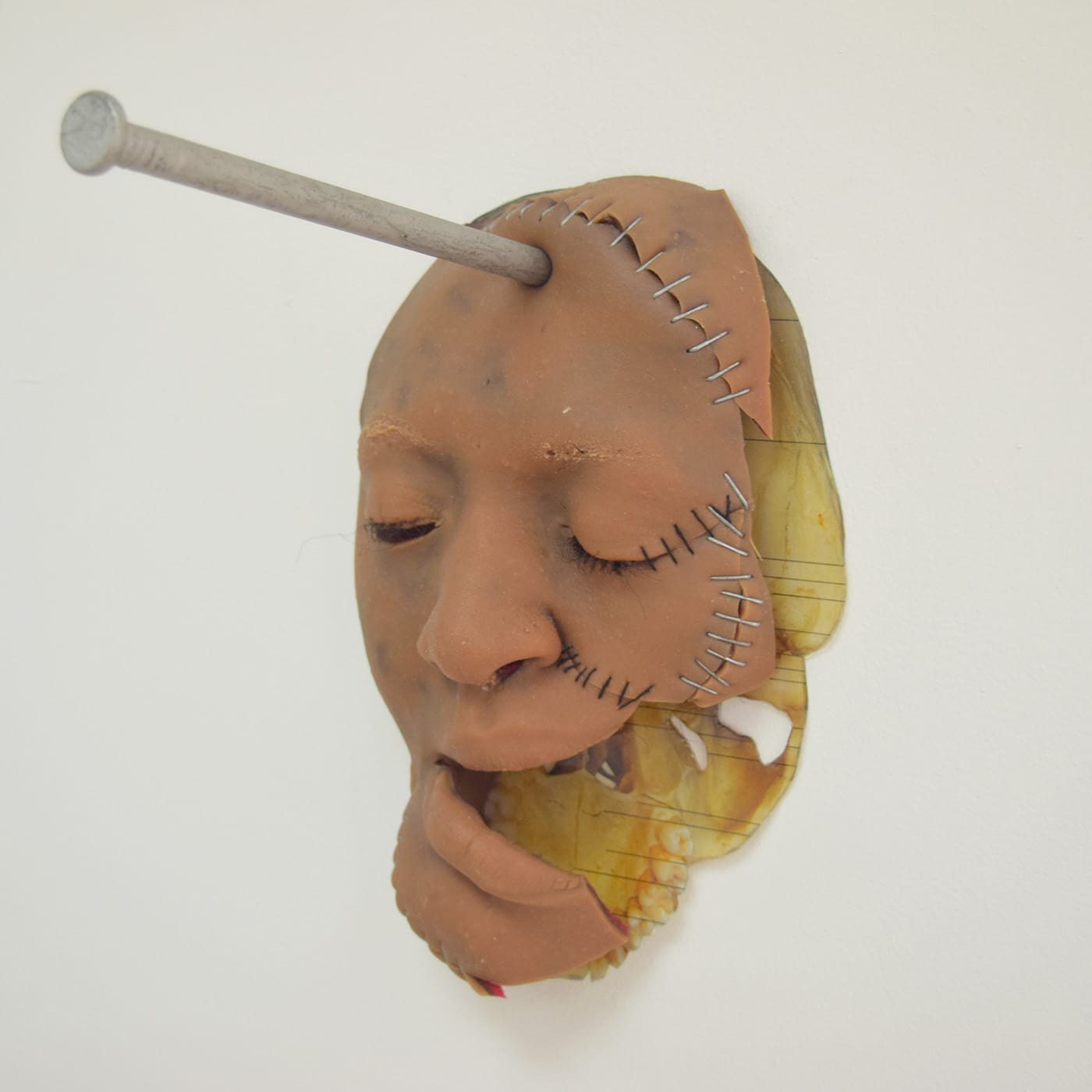 Doreen Garner, "Removed Veil" (2016), silicone, dissected anatomy book, staples, nail, 6 x 4 in