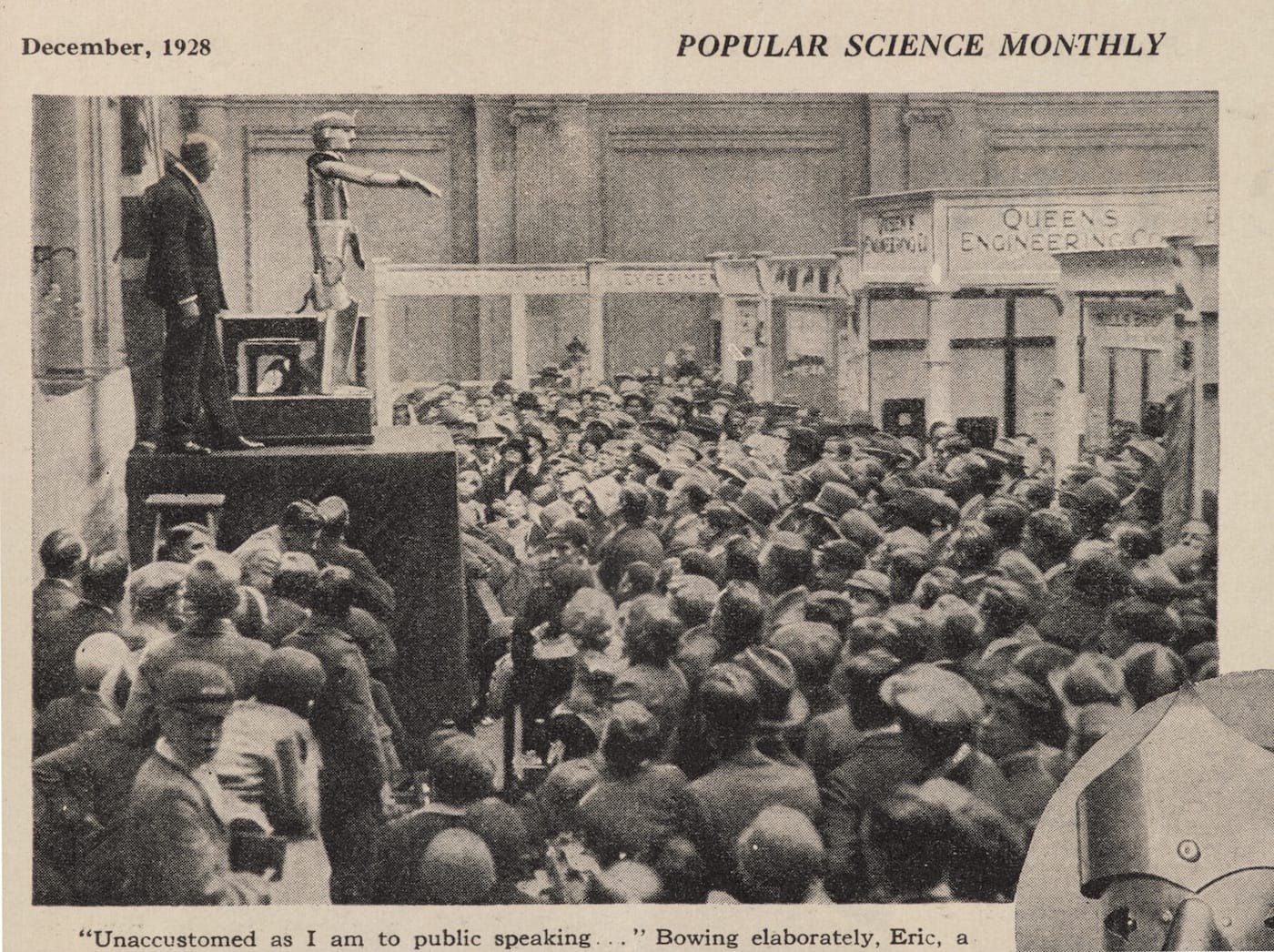 Popular Science Monthly (December 1928) showing Eric the talking robot opening the Model Engineering Exhibition in Londo (courtesy Science Museum SSPL)