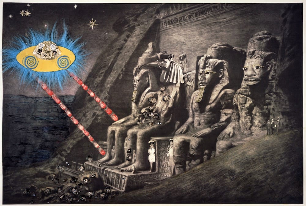 Ellen Gallagher, " Abu Simbel" 2005 Photogravure, watercolor, colored pencil, varnish, pomade, plasticine, blue fur, gold leaf, and crystals. 24 ½ x 35 ½ inches (unframed) Published by Two Palms, New York (Courtesy of Gagosian Gallery Image © 2016 Ellen Gallagher)