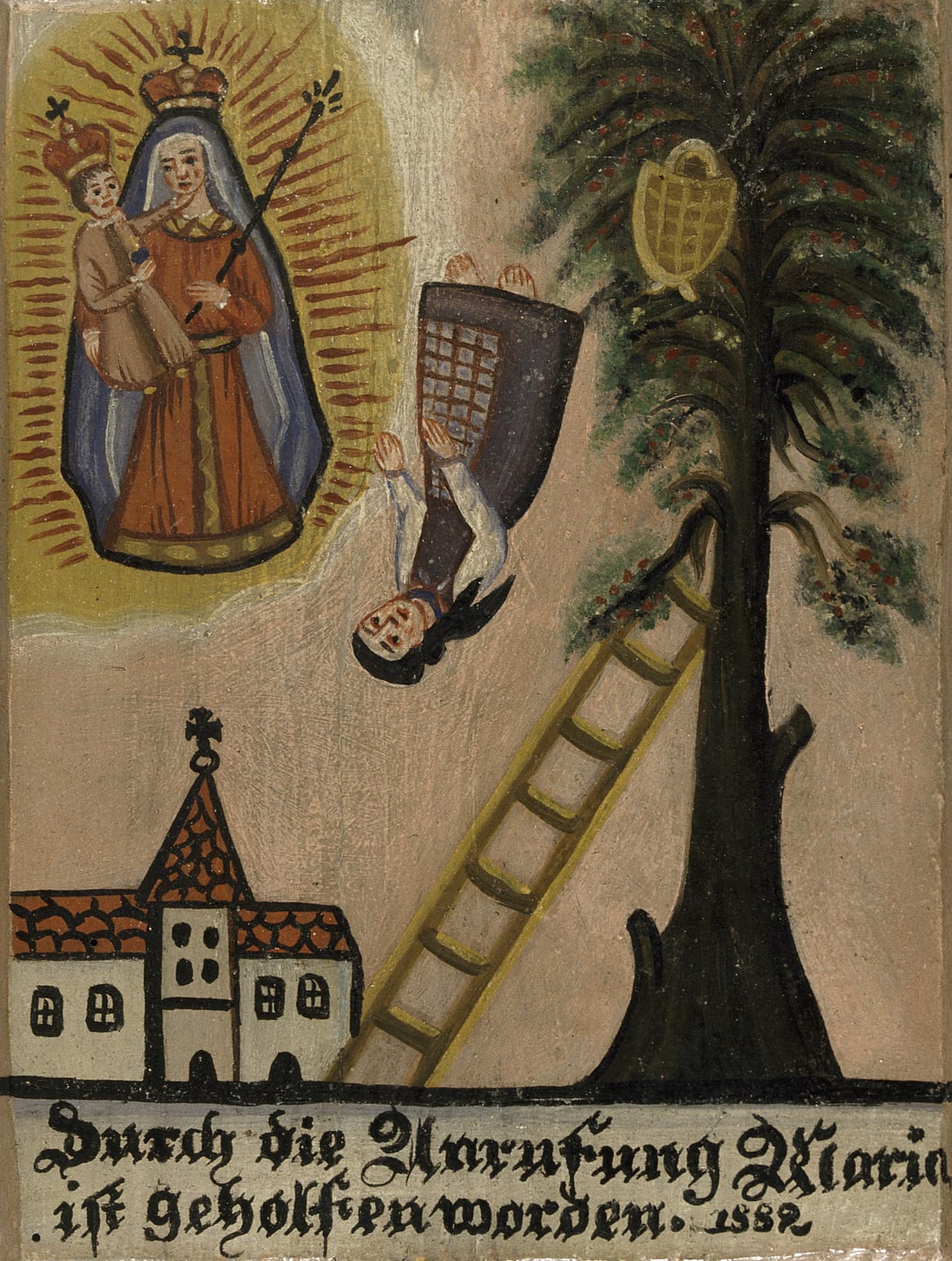 Ex voto from 1882 for a woman's fall from a ladder (via Bayerisches Nationalmuseum/Wikimedia)