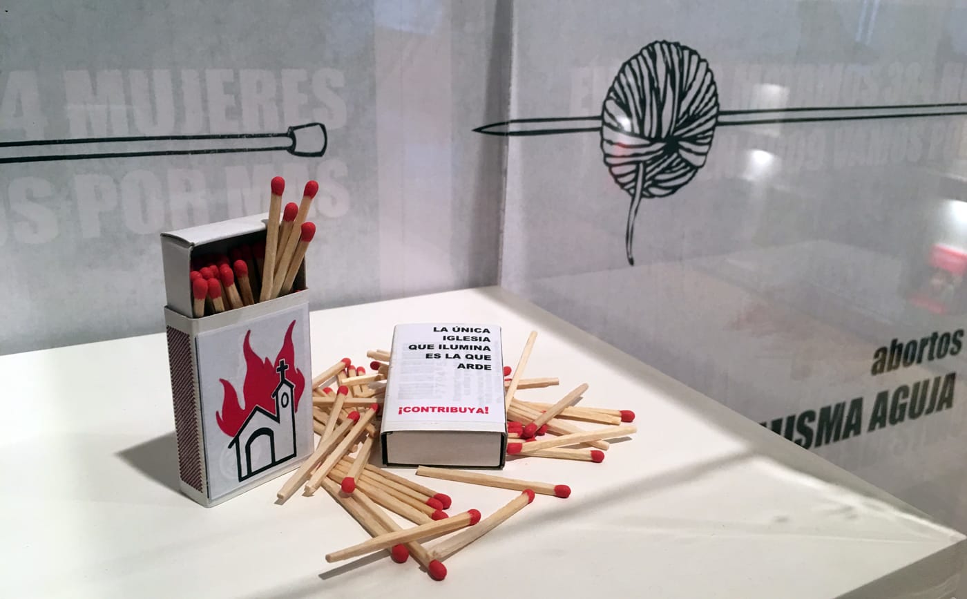 Installation view, Mujeres Públicas, Untitled (2003-2016), wallpaper and matchboxes