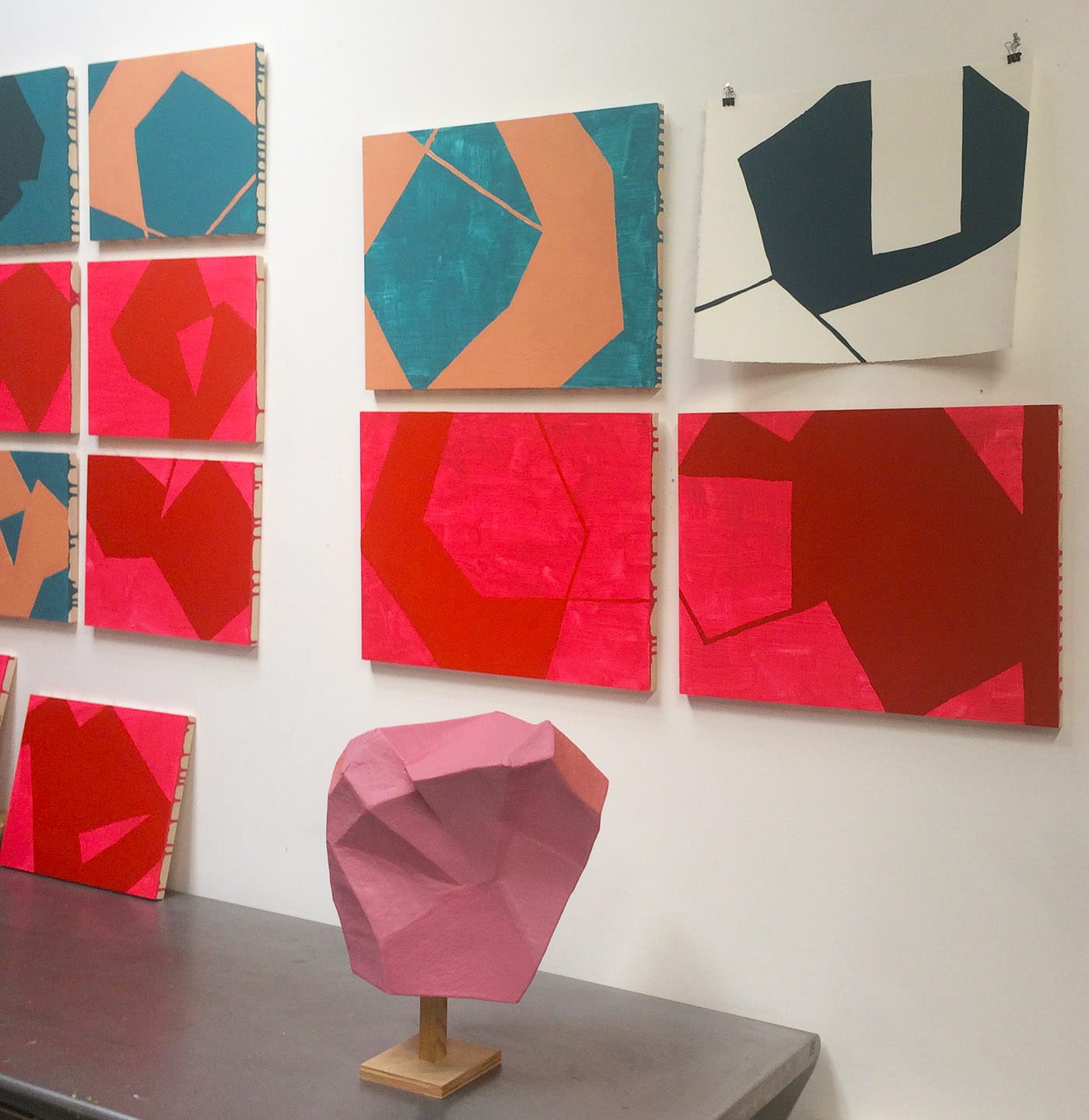 Paintings and a sculpture by Melissa Dadourian in her studio at 98 4th Street