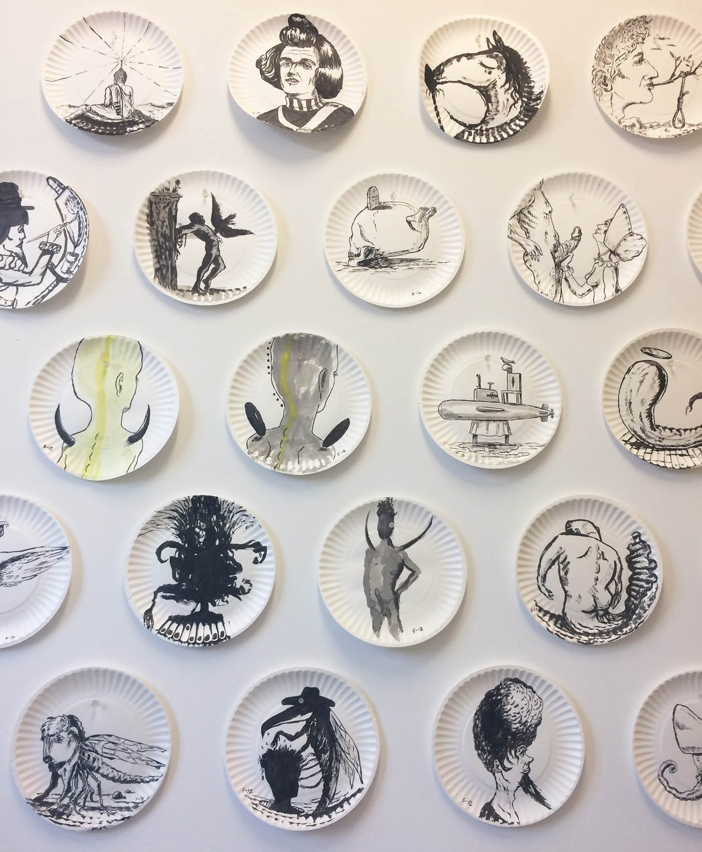 Ink on paper plate drawings by Tony Geiger in his studio at 61 9th Street