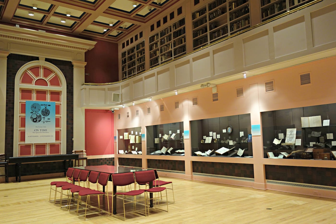 Installation view of 'On Time: The Quest for Precision. Books on Time and Timekeeping from the Linda Hall Library' at the Grolier Club (photo by the author for Hyperallergic)
