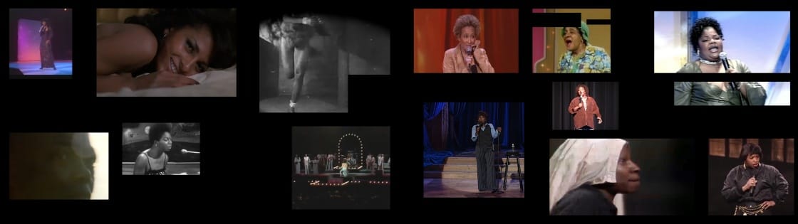 Mickalene Thomas, "Do I Look Like a Lady? (Comedians and Singers)" (video still) (2016), two-channel video projection (color, sound), dimensions variable, 12:34 minutes, (via moca.org, courtesy of the artist, Lehmann Maupin, New York and Hong Kong, and Artists Rights Society (ARS), New York)