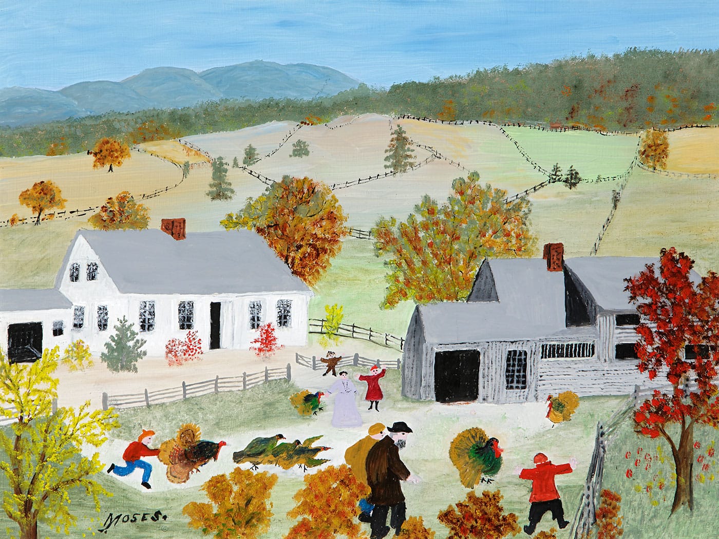 Anna Mary Robertson (“Grandma”) Moses, "Catching the Turkey" (1955), oil on pressed wood, 12 x 16 in (© 2016 Grandma Moses Properties Co, New York; Bennington Museum, Museum purchase, 2007.41)