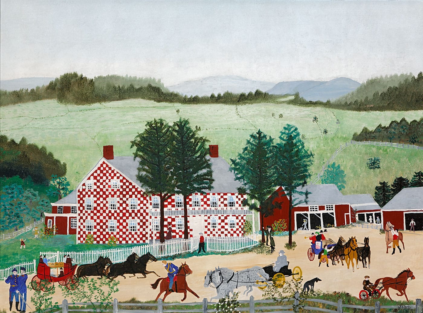 Anna Mary Robertson (“Grandma”) Moses, "The Old Checkered House, 1853" (1944), oil on pressed wood, 20 3/4 x 28 in (© 2016 Grandma Moses Properties Co, New York; Bennington Museum, Museum Purchase. 2000.2)
