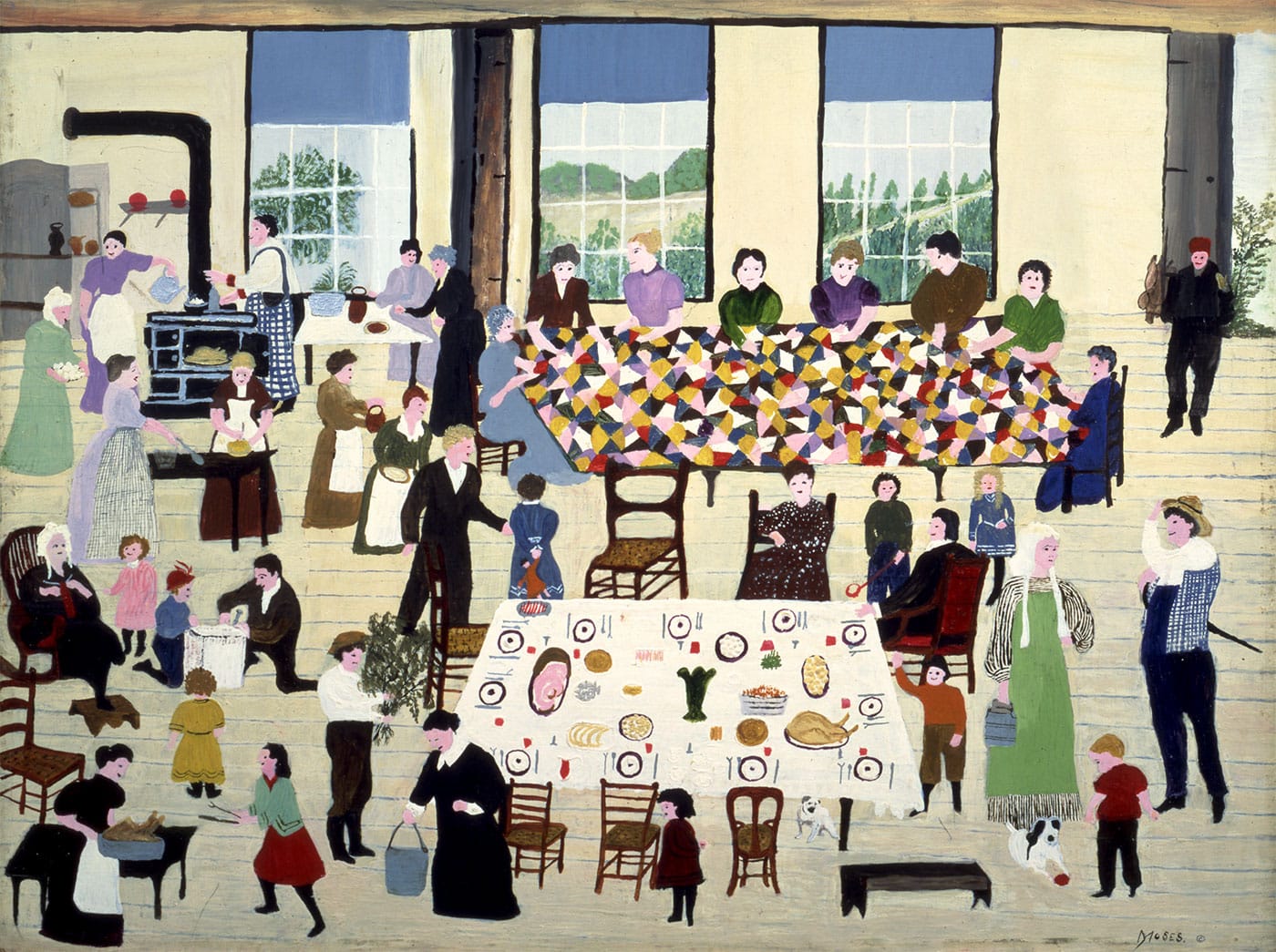 Anna Mary Robertson (“Grandma”) Moses, "The Quilting Bee" (1950), oil on pressed wood, 20 x 24 in (© 2016 Grandma Moses Properties Co, New York; Private Collection, courtesy of Galerie St. Etienne, New York)