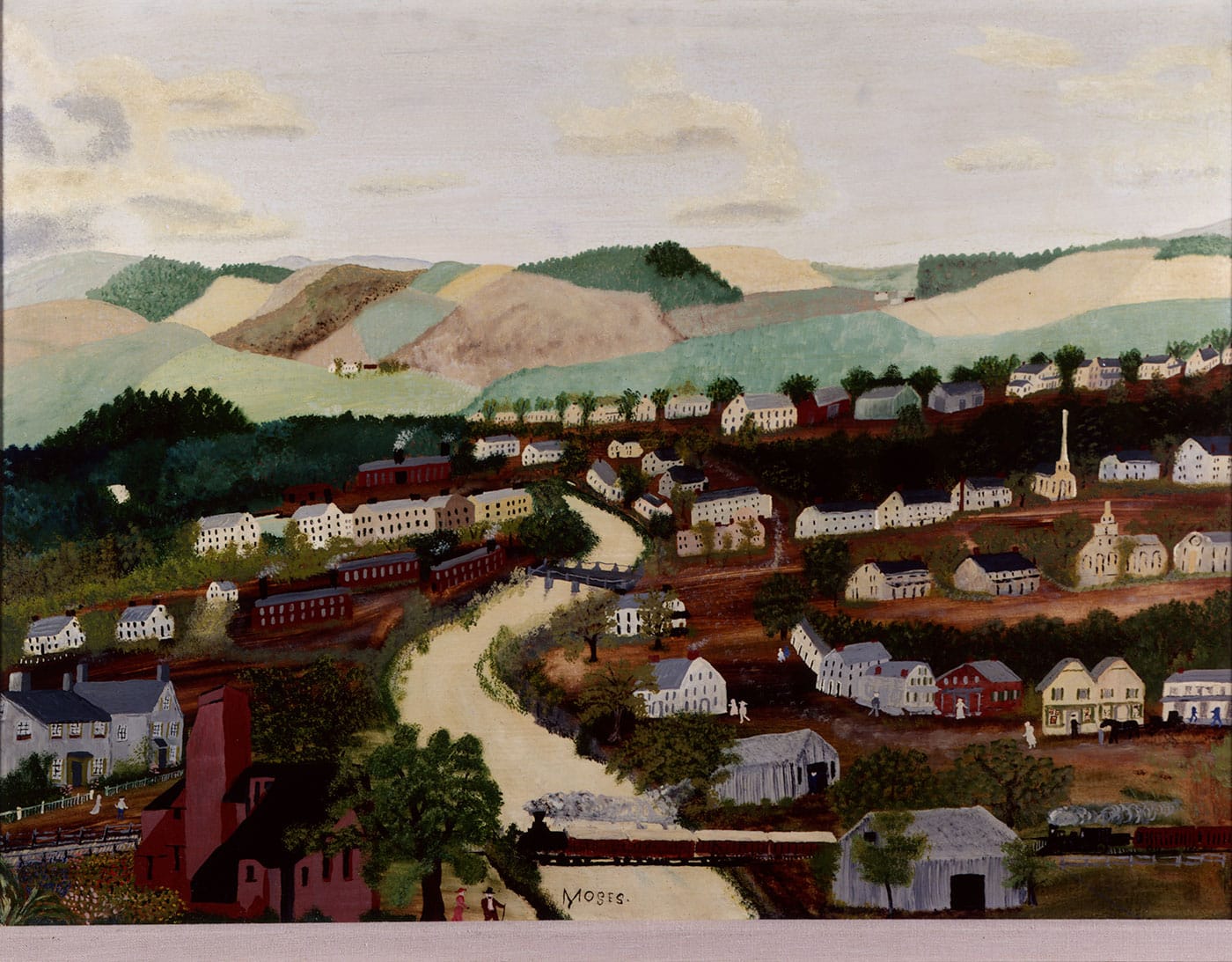 Anna Mary Robertson (“Grandma”) Moses, "Village of Hoosick Falls" (1943), oil on pressed wood, 18 x 24 in (© 2016 Grandma Moses Properties Co, New York; Bennington Museum, Museum Purchase, 1998.1)