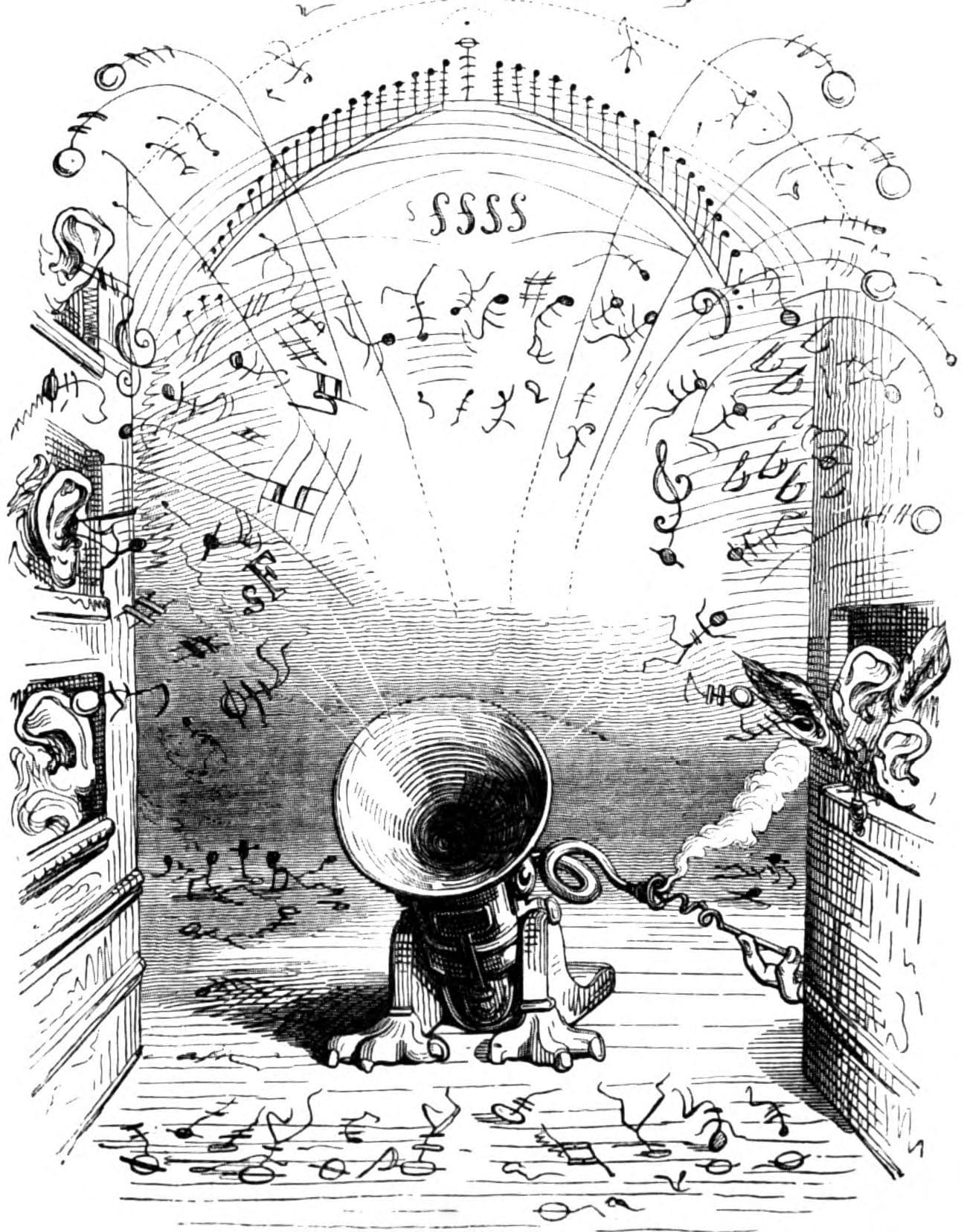 A steam-powered Ophicleide in 'Eine Andere Welt von Plinius dem Jüngsten illustriert von J. J. Grandville' by Jean Ignace Isidore Gérard (via Wikimedia)