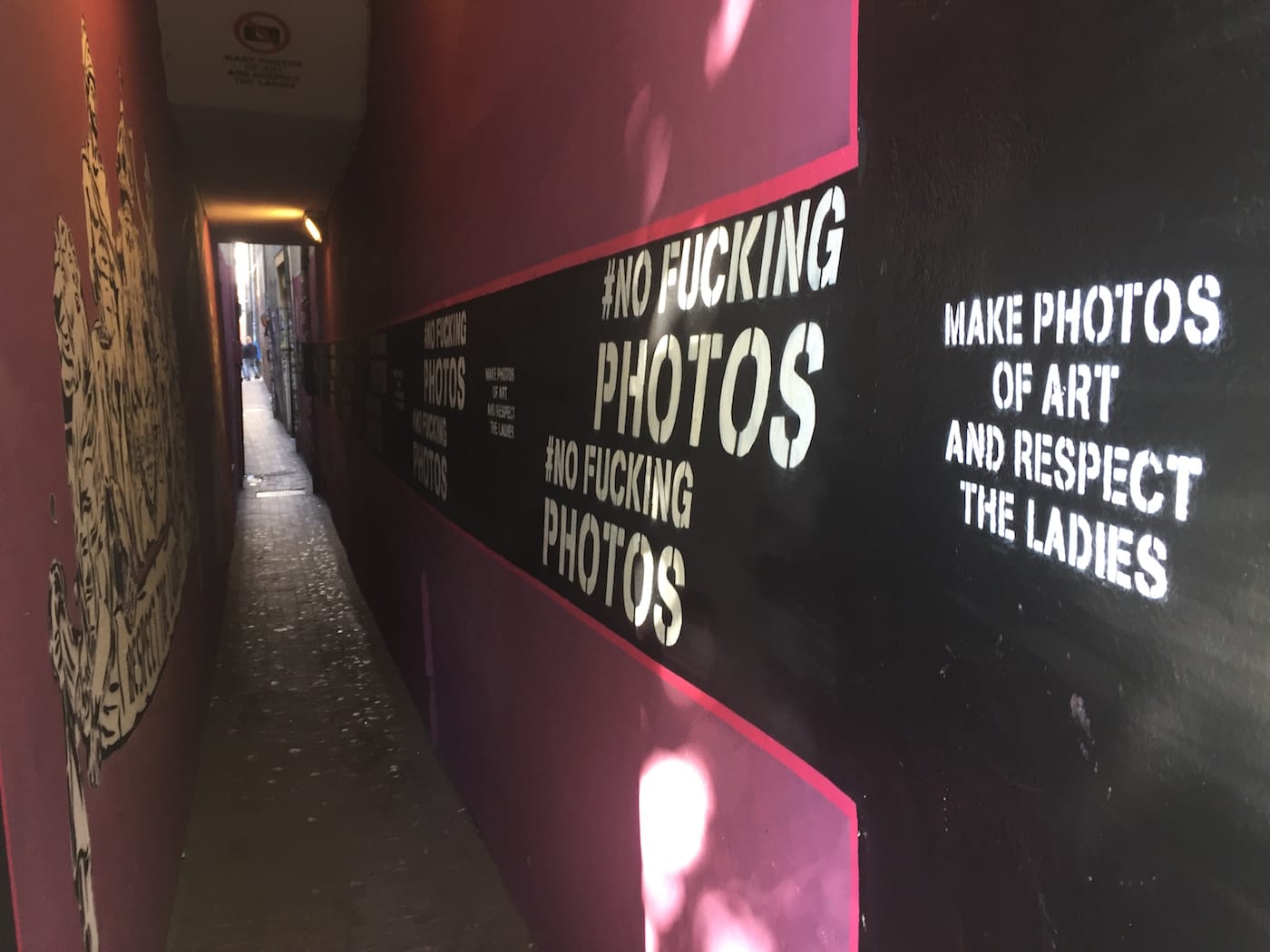 Partial view of Trompettersteeg with No Fucking Photos murals