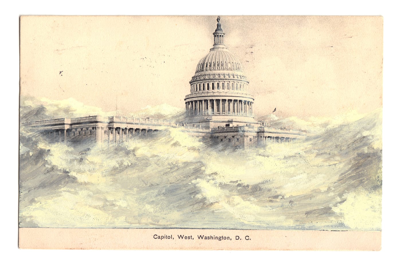 David Opdyke, "Unforseen Circumstances" (2016), gouache and ink on vintage postcard, 4 x 6 in