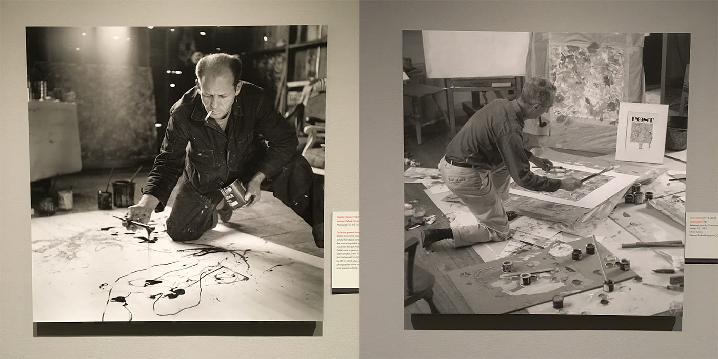 Left: Martha Holmes (1923–2006), “Jackson Pollock Works in His Long Island Studio” (1949), photograph for 'LIFE' magazine; right: Louie Lamone (1918–2007), reference photo for "The Connoisseur"; both on view in <em>Rockwell and Realism in an Abstract World</em> (all photos by the author for Hyperallergic)