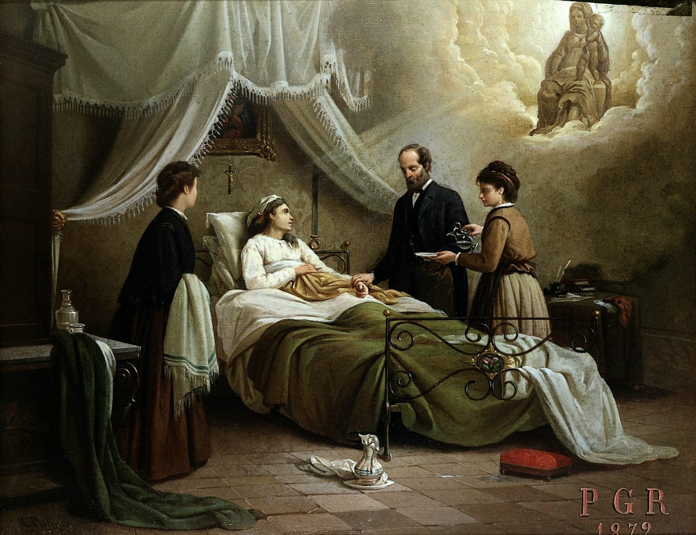 An ex voto painted by B. Pistoni of a patient with her two attendants and a physician (1872) (via Wellcome Library)