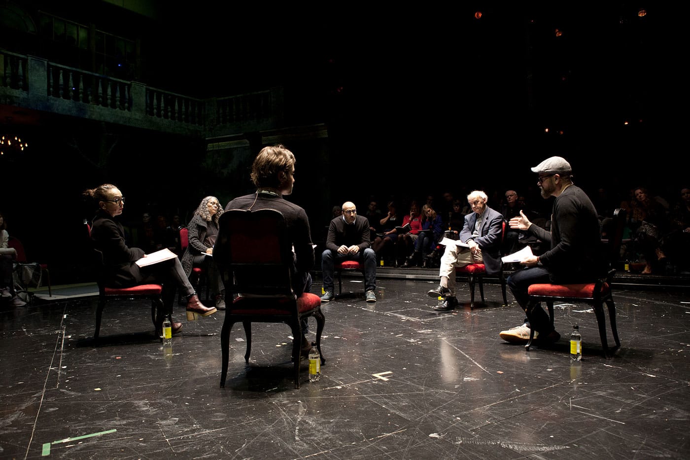 A discussion at "Public Calling," with, clockwise from left, Marianne Heier, Mindy Fullilove, Ahmad Ghossein, Arne Johan Vetlesen, Kjetil Røed, and Vegard Grøslie Wennesland (photo by Ingvild Brekke Myklebust)